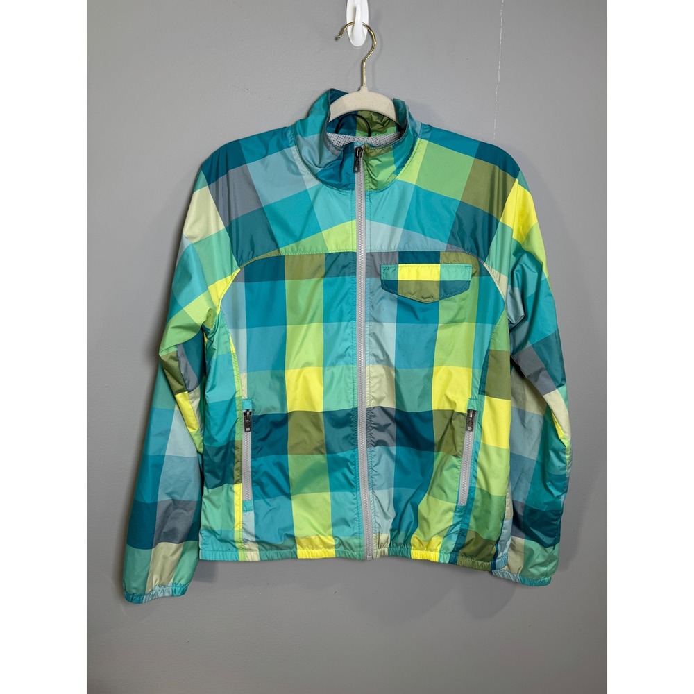 The North Face Womens Plaid Windwall Windbreaker Jacket Green Blue Yellow M